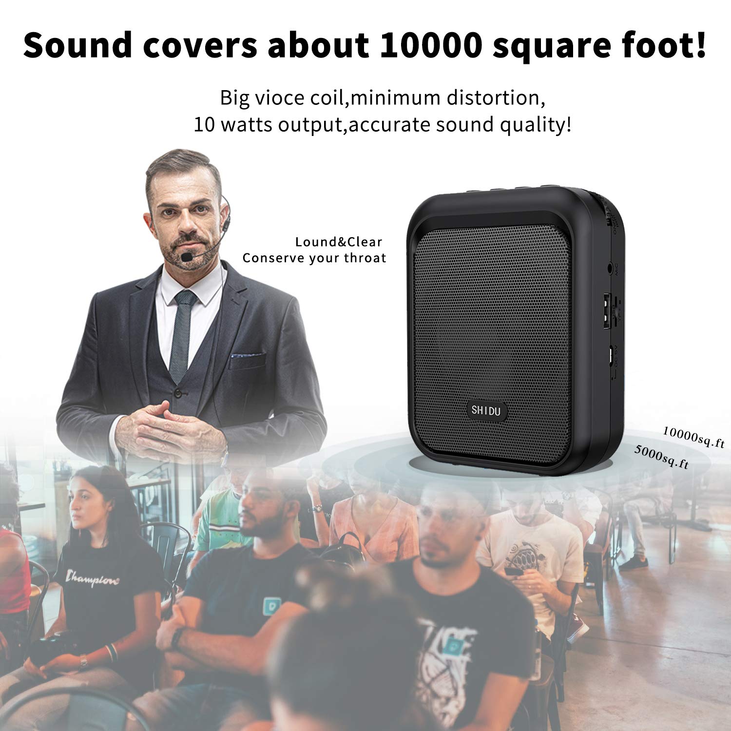 SHIDU Mini Voice Amplifier Portable Rechargeable Bluetooth Speaker with Wired Microphone Headset 10W 1800mAh PA system Supports